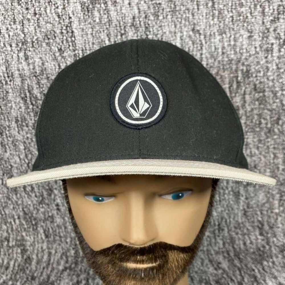 Volcom Snapback Hat Mens OS Black Tan Stone Logo‎ Flat Brim Skate Surf Cap VTG